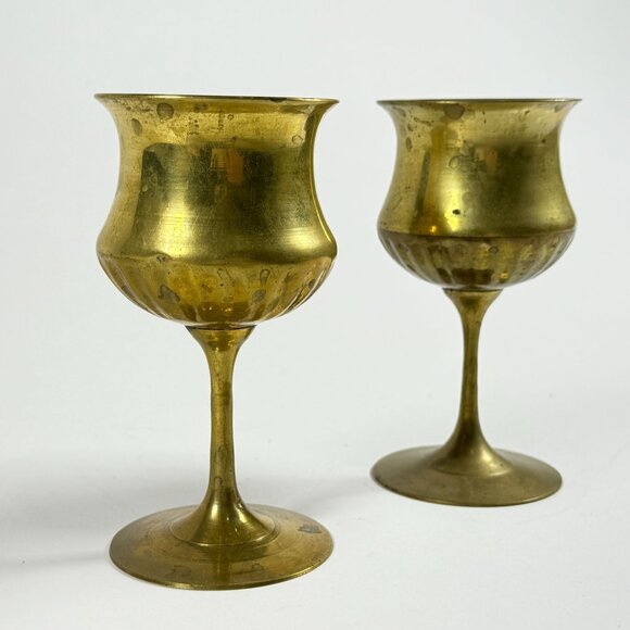 Vintage Brass Goblets Set of 2 MCM Decorative Cups 6" Mid Century Decor - Picture 3 of 10